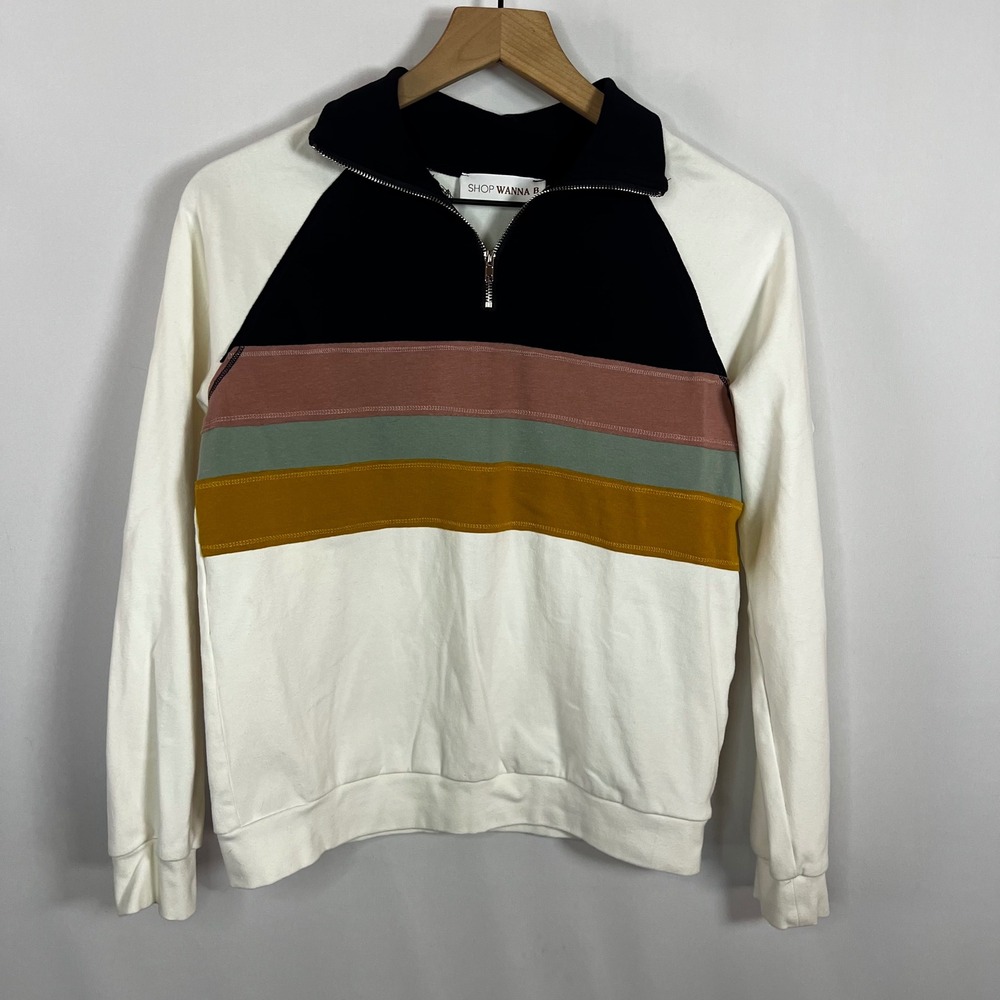 Shop Wanna B Sweater‎ Women Small Striped Quarter Zip Pullover Sweatshirt Boho